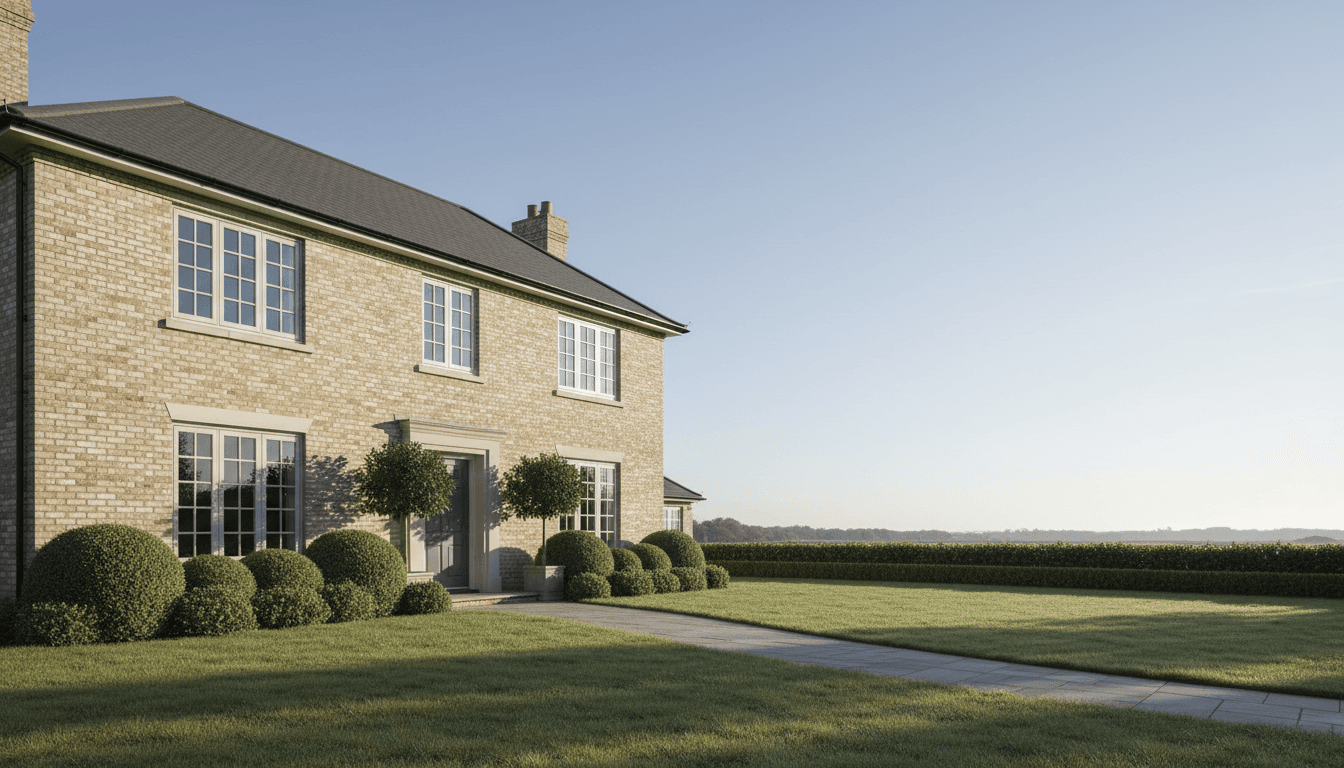 Elegant residential property exterior in Surrey with manicured hedges and a painted front door